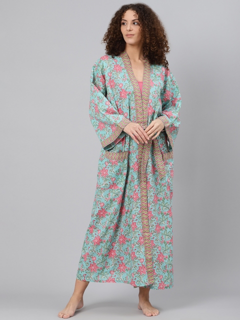 

Biba Pink & Blue Pure Cotton Solid Nightdress with Printed Robe