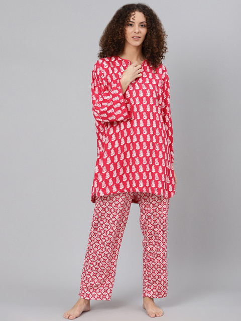 

Biba Women Red & White Printed Pure Cotton Night suit