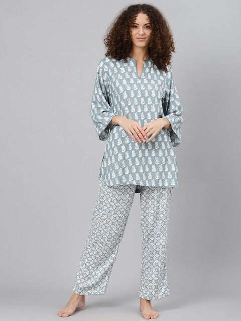 

Biba Women Blue & White Printed Pure Cotton Night suit