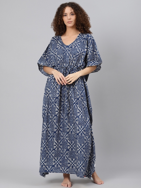 

Biba Navy Blue & Off-White Printed Pure Cotton Maxi Kaftan Nightdress