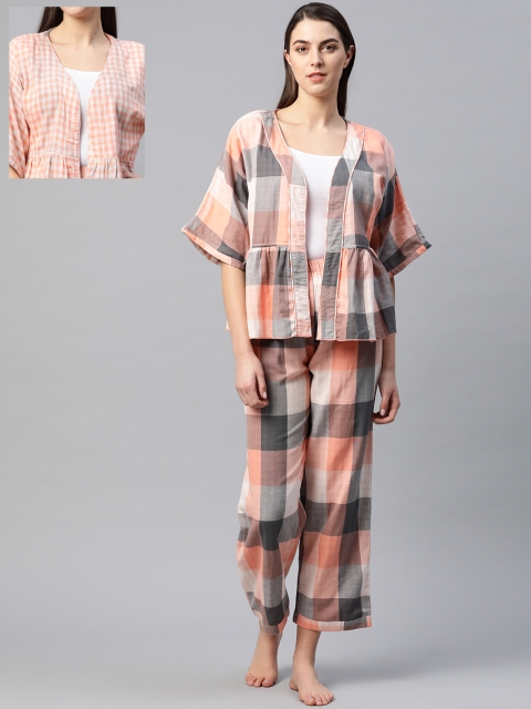 

Biba Women 3 Pc Peach-Coloured & Charcoal Grey Reversible Checked Night Suit