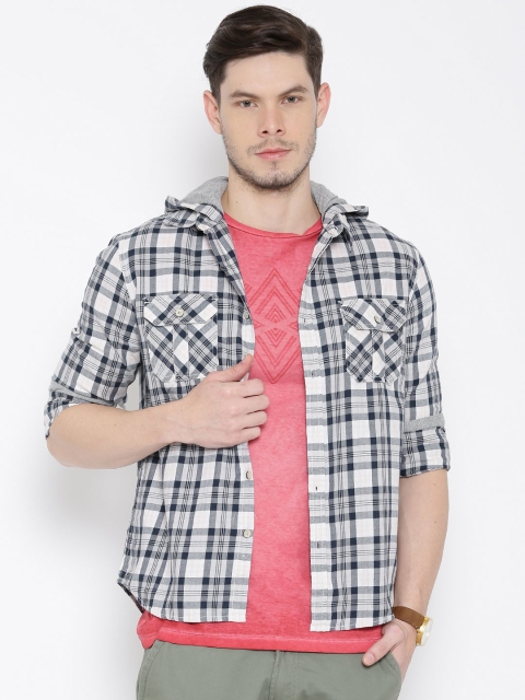 

Flying Machine Off-White & Navy Checked Hooded Casual Shirt