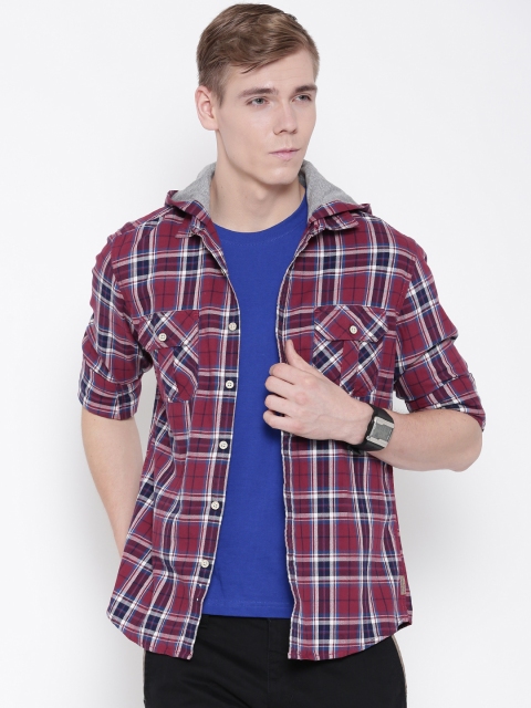 

Flying Machine Maroon & Navy Checked Hooded Casual Shirt