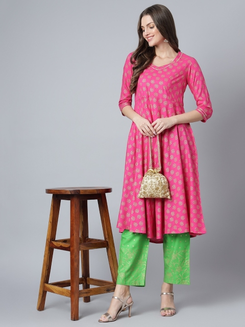 

Khushal K Women Pink & Green Printed A-Line Kurta with Palazzos