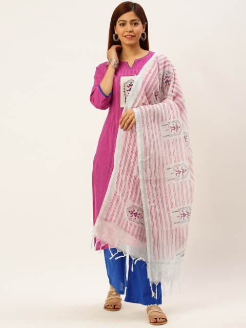 

FLAVIDO Women Pink & Blue Striped Handloom Kurta with Palazzos & Dupatta