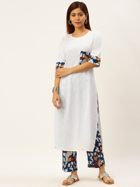 

FLAVIDO Women White & Blue Solid Kurta with Trousers