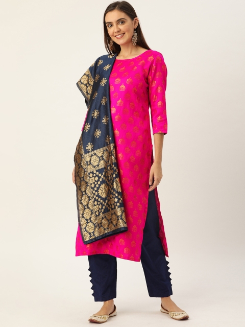 

Kvsfab Pink & Navy Blue Silk Crepe Unstitched Dress Material