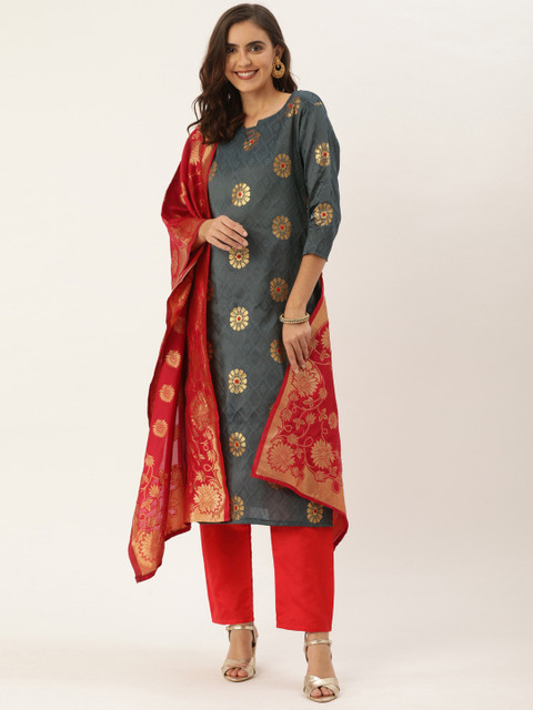 

Kvsfab Grey & Red Woven Design Unstitched Dress Material