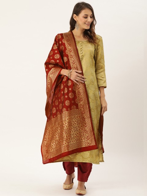 

Kvsfab Beige & Maroon Silk Crepe Unstitched Dress Material