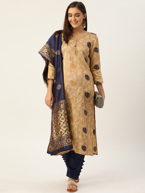 

Kvsfab Beige & Navy Blue Silk Crepe Unstitched Dress Material