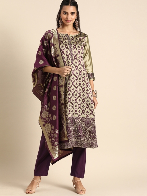 

Kvsfab Beige & Purple Woven Design Unstitched Dress Material