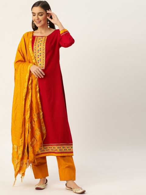 

Kvsfab Red & Orange Cotton Blend Unstitched Dress Material