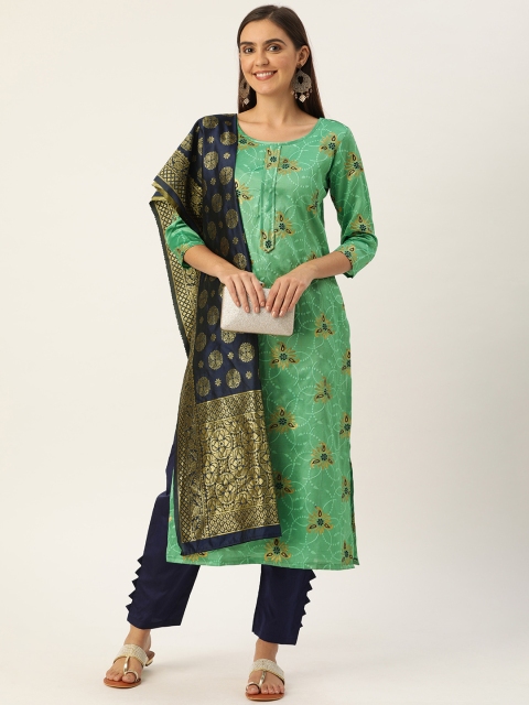 

Kvsfab Green & Navy Blue Silk Crepe Unstitched Dress Material