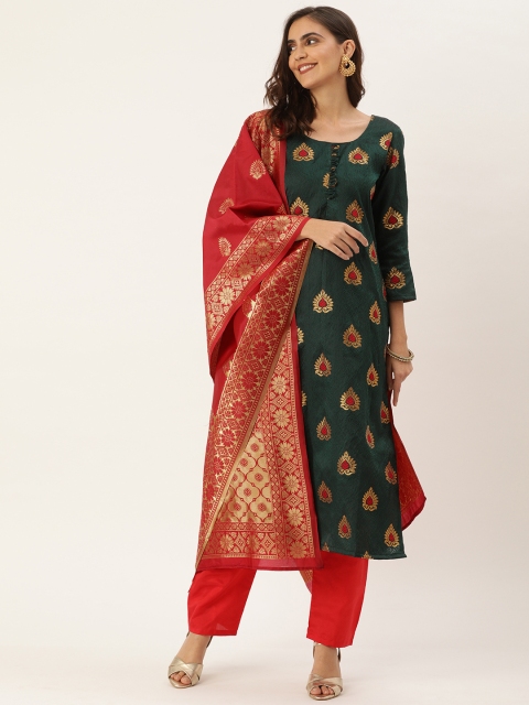 

Kvsfab Green & Red Woven Design Unstitched Dress Material