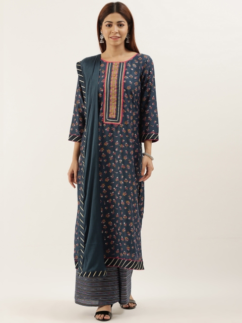 

Kvsfab Navy Blue & Yellow Cotton Blend Unstitched Dress Material