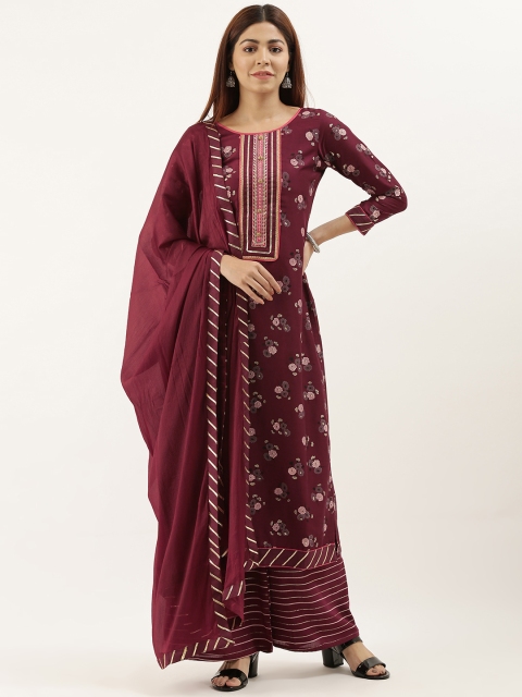 

Kvsfab Maroon & Pink Printed Unstitched Dress Material With Embroidered Detailing