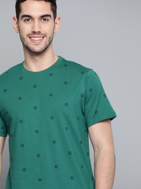 

Mast Harbour Men Teal Geen Navy Blue Printed Round Neck Pure Cotton T-shirt