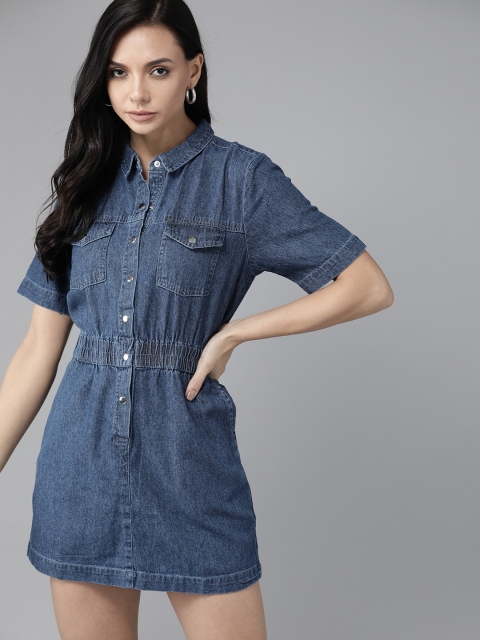 

The Roadster Lifestyle Co Blue Pure Cotton Denim Mini Shirt Dress