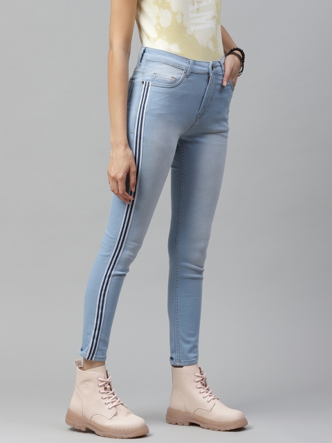 

Roadster Women Blue Super Skinny Fit High-Rise Cropped Jeans with Side Taping Detail