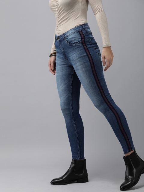 

The Roadster Lifestyle Co Women Blue Super Skinny Fit High-Rise Clean Look Stretchable Side Striped Jeans