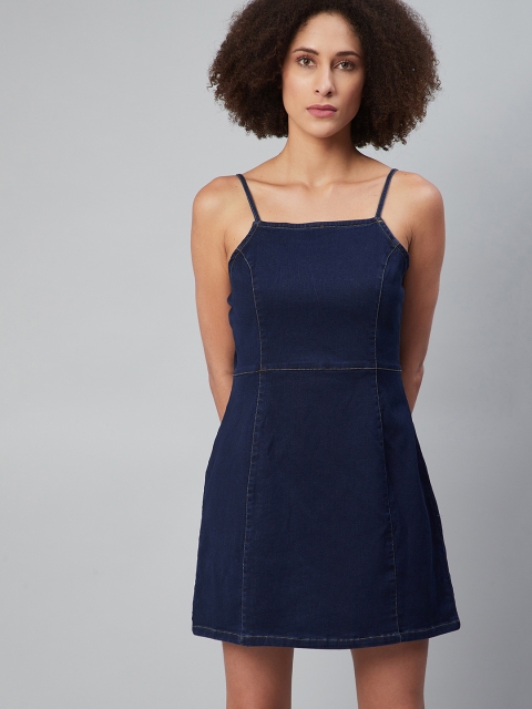 

The Roadster Lifestyle Co Navy Blue Solid Pure Cotton Comfort Denim A-Line Dress