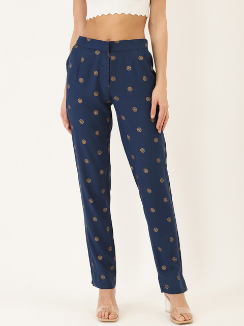 

Cottinfab Women Navy Blue & Golden Straight Fit Printed Regular Trousers