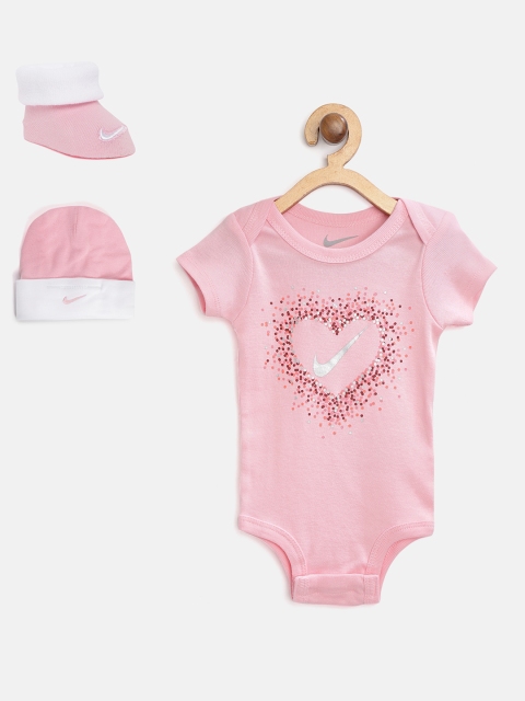 

Nike Infants Pink Pure Cotton Brand Logo Printed Bodysuit with Beanie & Booties