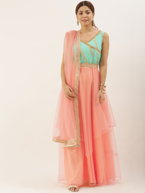 

EthnoVogue Women Peach & Green Embroidered Made To Measure Fit and Flare Dress & Dupatta