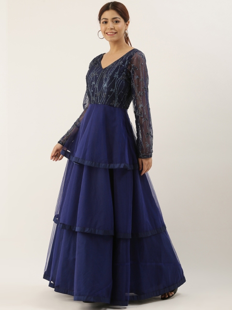 

EthnoVogue Women Navy Blue Embellished Tiered Maxi Dress