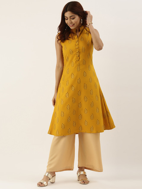 

EthnoVogue Women Mustard Printed A-Line Dress