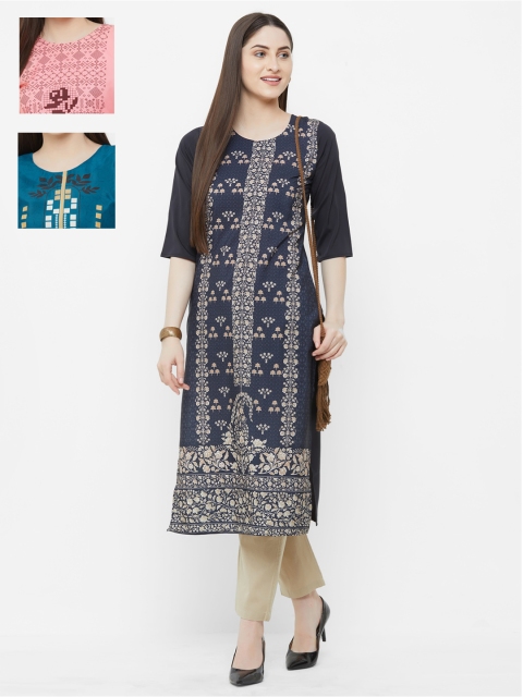 

7Threads Women Pack of 3 Printed Straight Kurtas, Multi