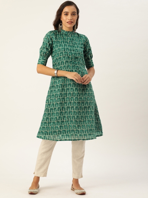 

EthnoVogue Women Teal Green Printed Made To Measure A-Line Kurta