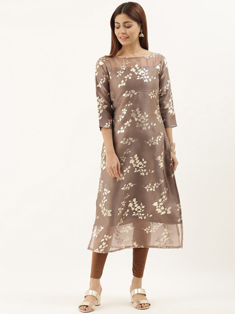 

EthnoVogue Women Beige & Gold-Toned Floral Printed Straight Kurta