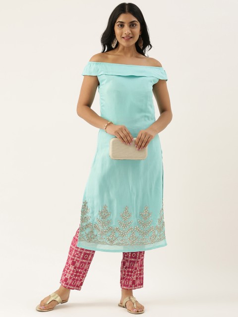 

EthnoVogue Women Turquoise Blue Embroidered Made To Measure Kurta with Trousers