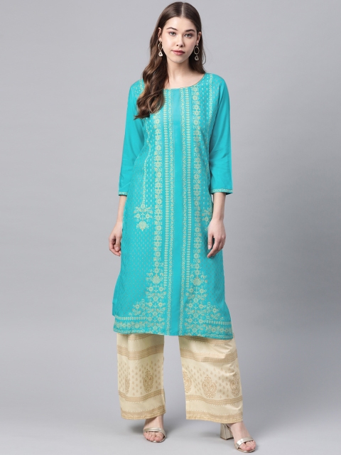 

Meeranshi Women Turquoise Blue & Cream-Coloured Printed Kurta with Palazzos