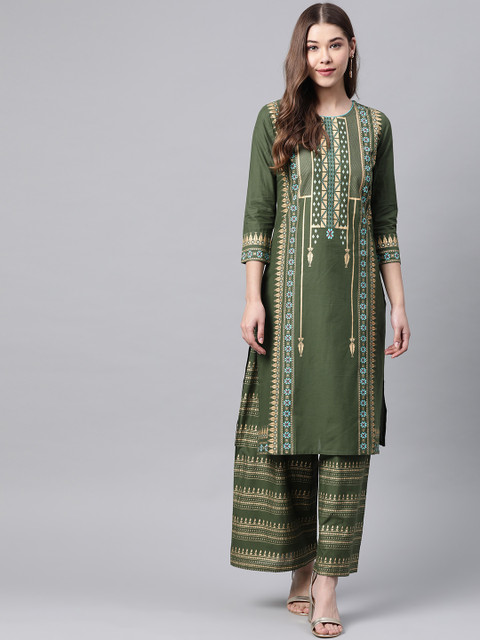 

Meeranshi Women Olive Green & Golden Printed Kurta with Palazzos