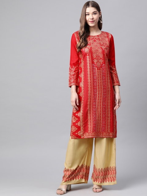 

Meeranshi Women Red & Beige Printed Kurta with Palazzos