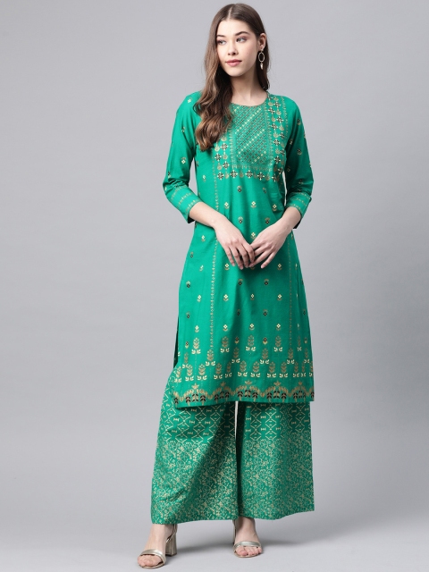 

Meeranshi Women Green & Golden Printed Pure Cotton Kurta with Palazzos