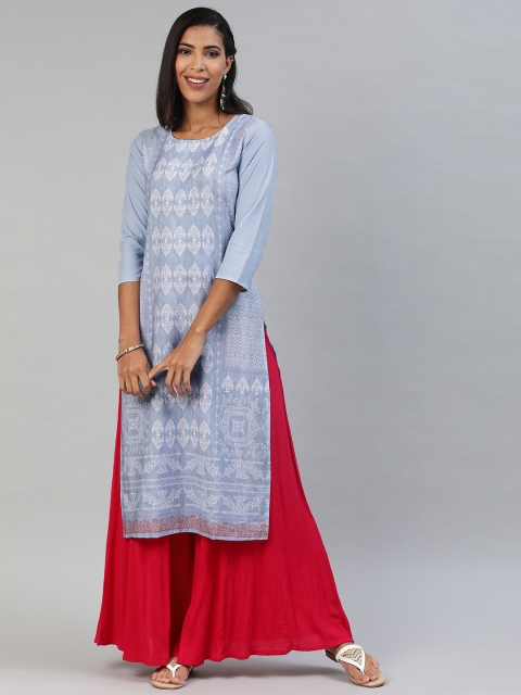 

AHIKA Women Grey & White Printed Straight Kurta