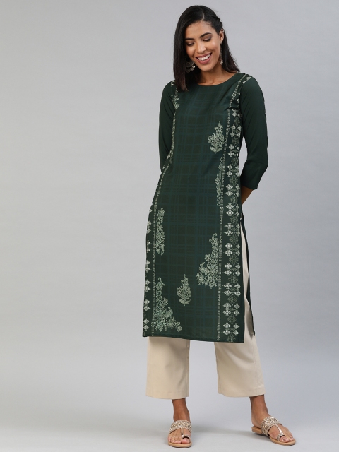 

AHIKA Women Green & White Printed Straight Kurta