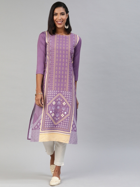 

AHIKA Women Lavender & Mustard Printed Straight Kurta