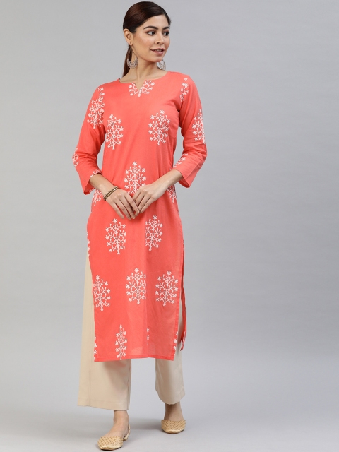 

AHIKA Women Orange & White Printed Straight Kurta
