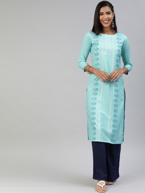 

AHIKA Women Turquoise Blue & White Printed Straight Kurta