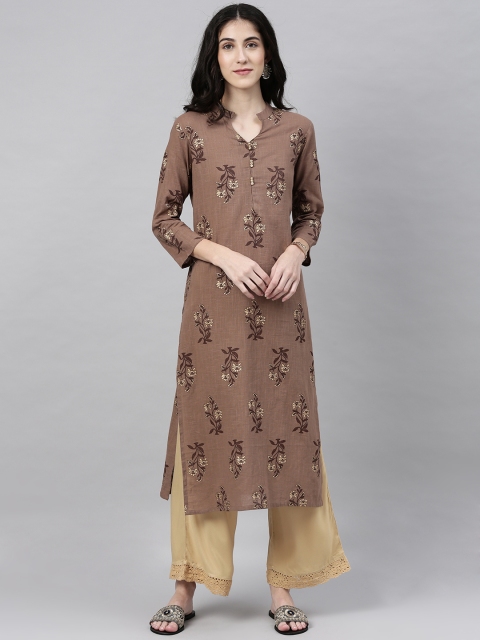 

AHIKA Women Brown Foil Printed Straight Kurta
