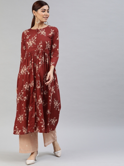 

AHIKA Women Red & Beige Floral Printed Gathered A-Line Kurta
