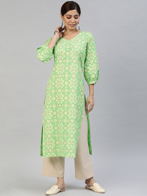 

AHIKA Women Green & Off-White Printed Straight Kurta