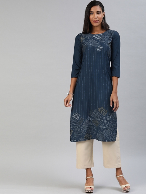 

AHIKA Women Navy Blue Printed Straight Kurta