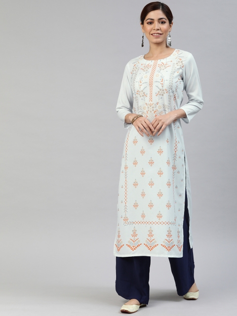 

AHIKA Women Off White & Orange Printed Straight Kurta