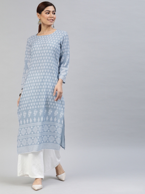 

AHIKA Women Grey & White Printed Straight Kurta