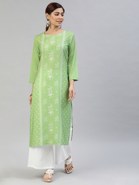 

AHIKA Women Green & White Floral Printed Straight Kurta